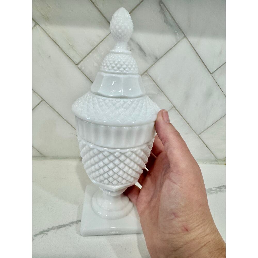 Vintage White Milk Glass Urn Jar with Lid Pedestal Apothecary Candy Cottagecore - Picture 2 of 5